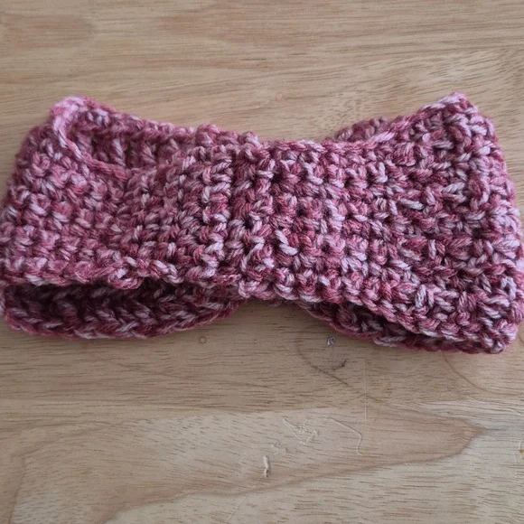 Handmade Crocheted Headband with Floral Brooch - Dusty Rose - Picture 2 of 4